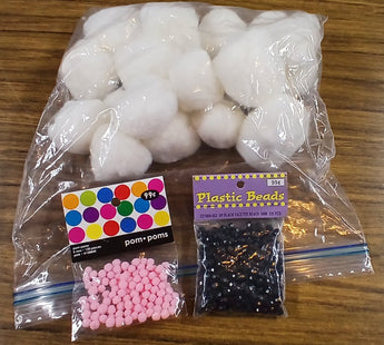 Lot of White bunny tail pompoms. tiny pink pompoms, tiny black beads - 1