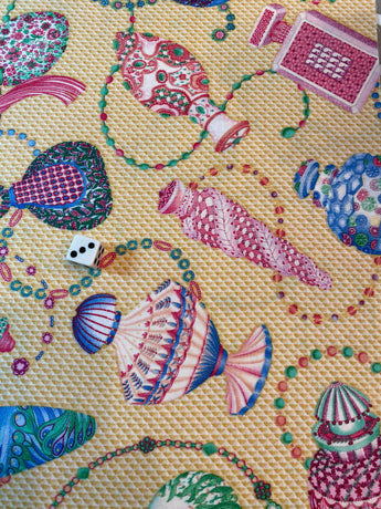 Novelty Cotton Fabric with Perfume Bottles, Yellow, 3/4 yd Washed Ironed - 1