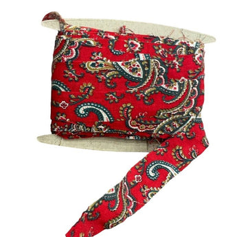 Handmade Gift Wrap Crafts Upcycled Cotton Red Green Paisley Fabric Ribbon Yarn - 1