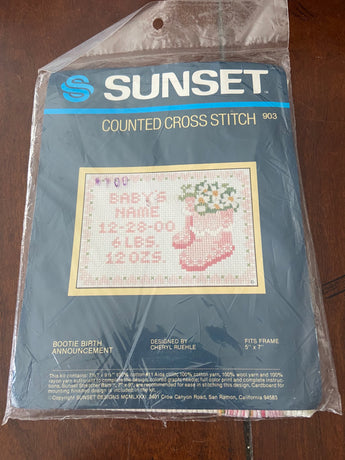 Sunset Bootie Birth Announcement Cross Stitch Kit, New - 1