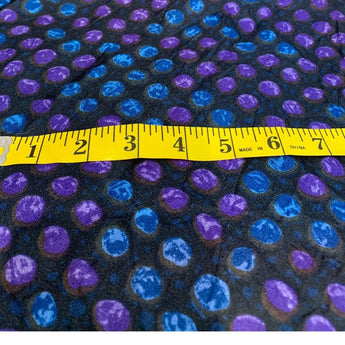 3+ yds Shiny Polyester Blend Black w Blue Purple Polka Dots Fabric Remnant - 1