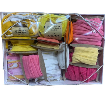 100 yds Handmade Upcycled T-Shirt Fabric Ribbon Yarn Sampler Pack Yellow Pink - 1