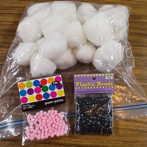 Lot of White bunny tail pompoms. tiny pink pompoms, tiny black beads - 1