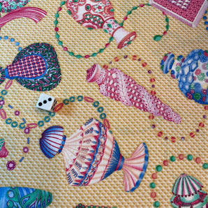 Novelty Cotton Fabric with Perfume Bottles, Yellow, 3/4 yd Washed Ironed - 1