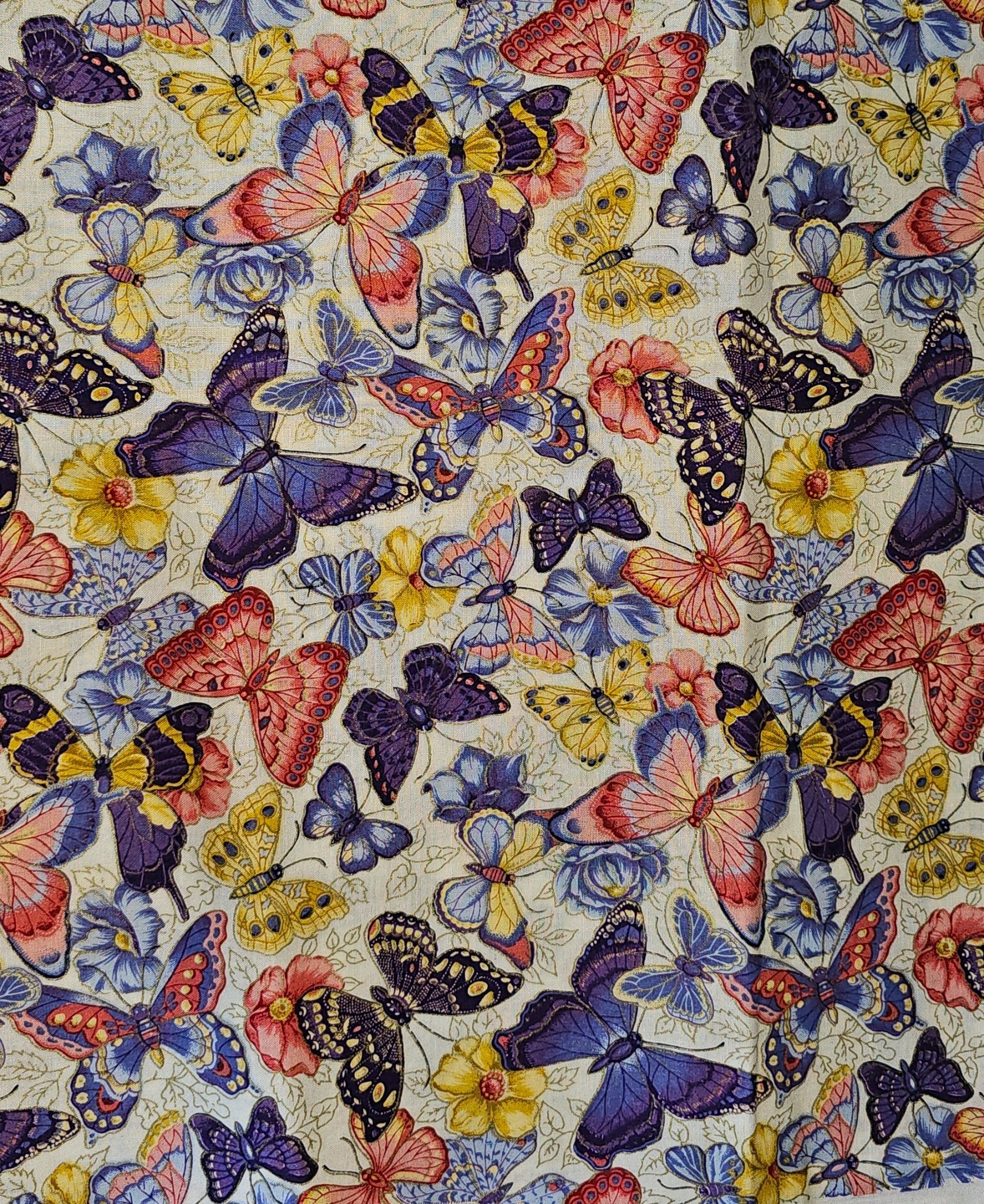 Fabric Cotton Butterflies with Gold Metallic Accents Purple Pink Yello ...