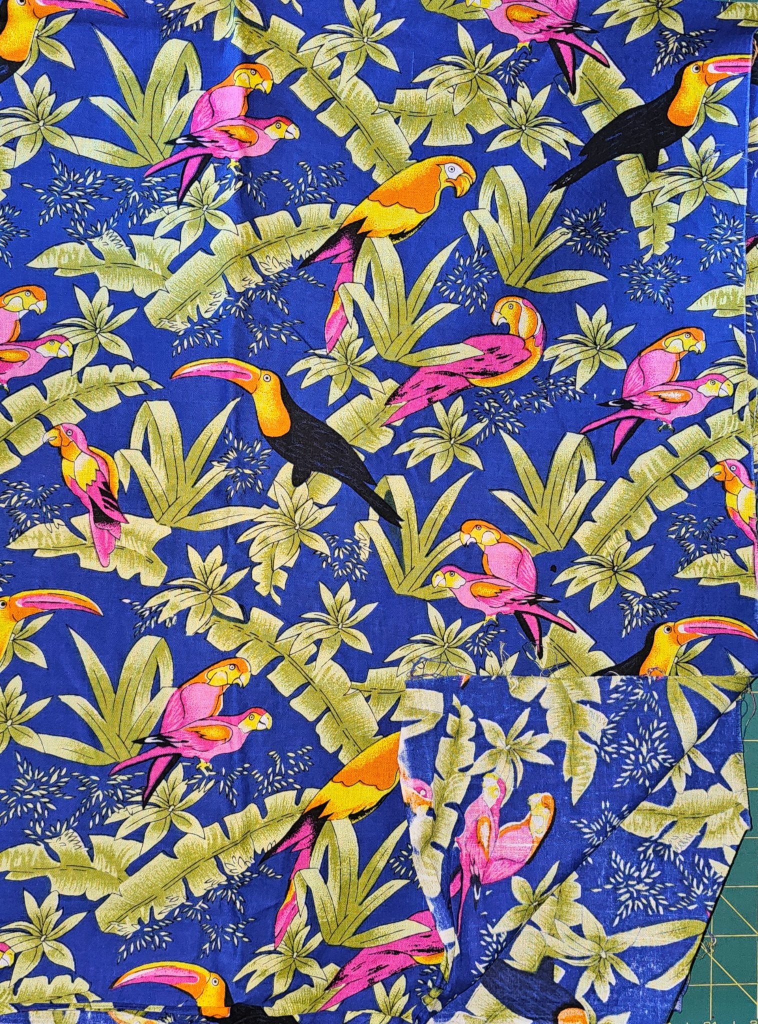 Fabric Cotton Tropical Tucans Parrots Foliage Blue Green Pink 79