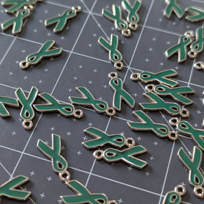10pc Green Awareness Ribbon Pewter Enamel Charms